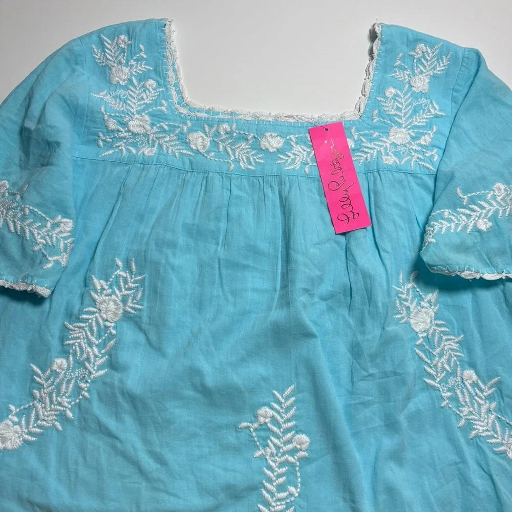 Lilly Pulitzer Tamryn Top Blue Ibiza Women's L Embroidered Cotton Blouse New - Picture 4 of 9